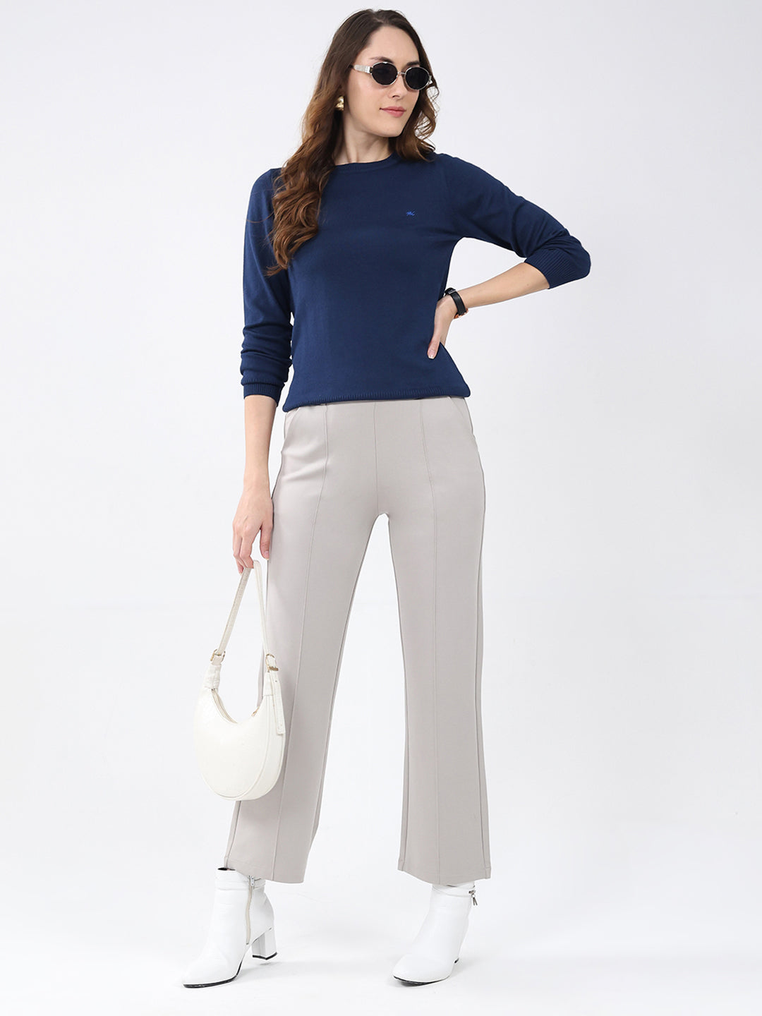 Women Navy Blue Solid Round Neck Full Sleeve Winter Top