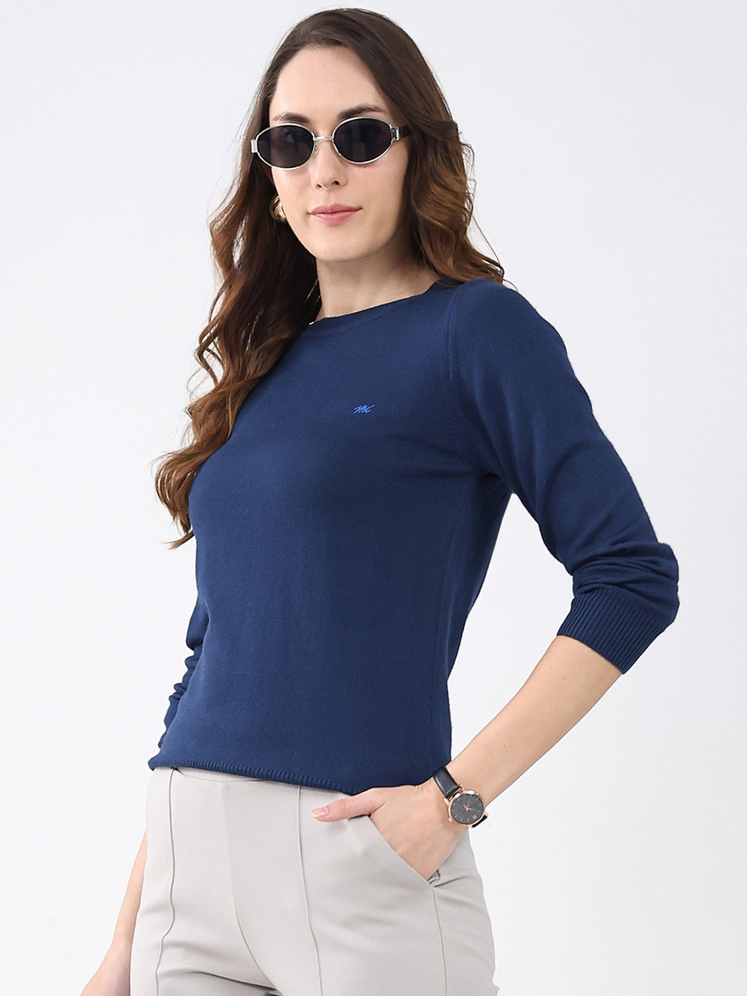 Women Navy Blue Solid Round Neck Full Sleeve Winter Top