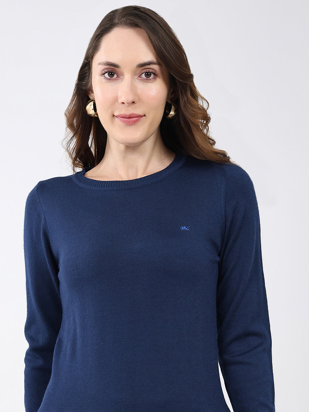 Women Navy Blue Solid Round Neck Full Sleeve Winter Top