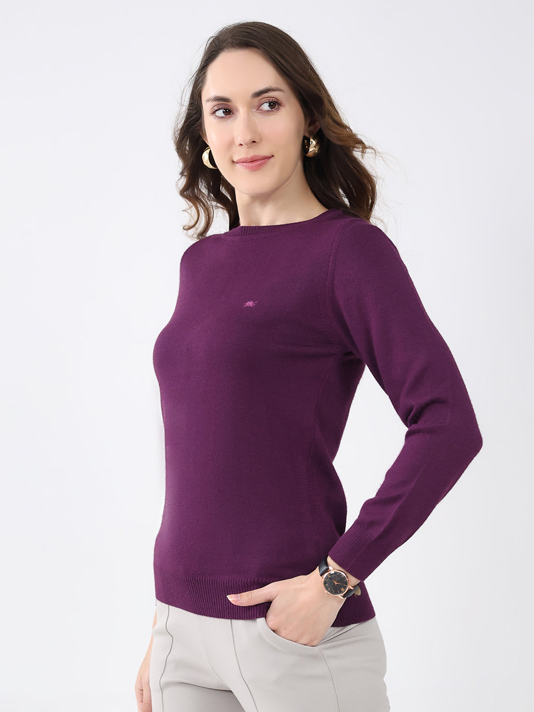 Women Purple Solid Round Neck Full Sleeve Winter Top