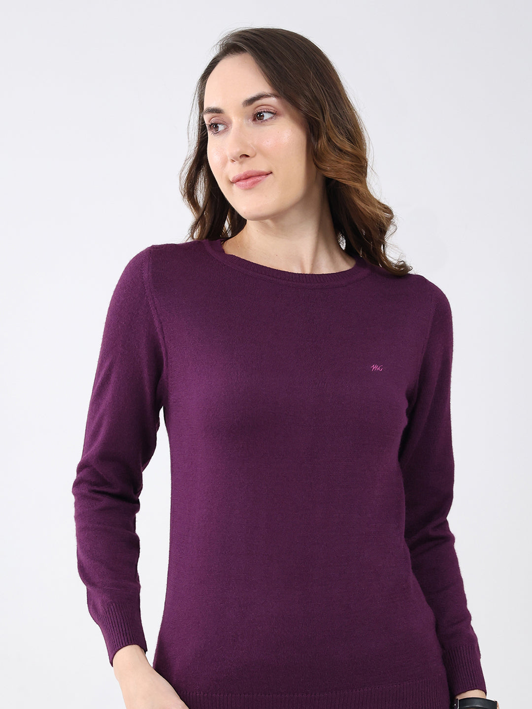 Women Purple Solid Round Neck Full Sleeve Winter Top