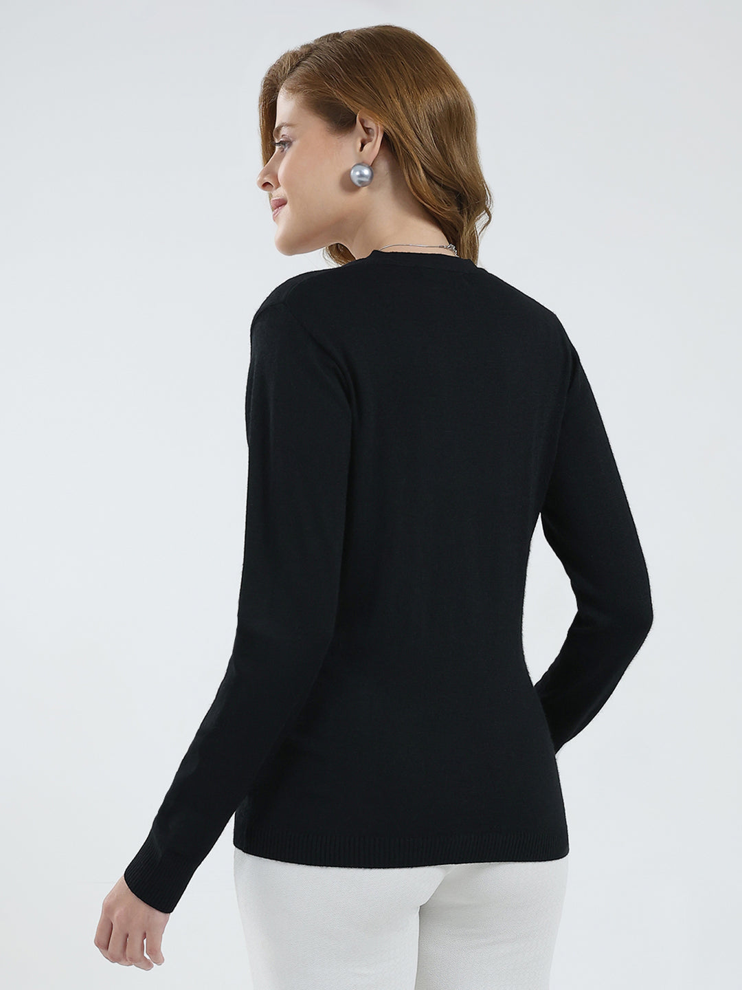Women Black Solid V Neck Full Sleeve Cardigan