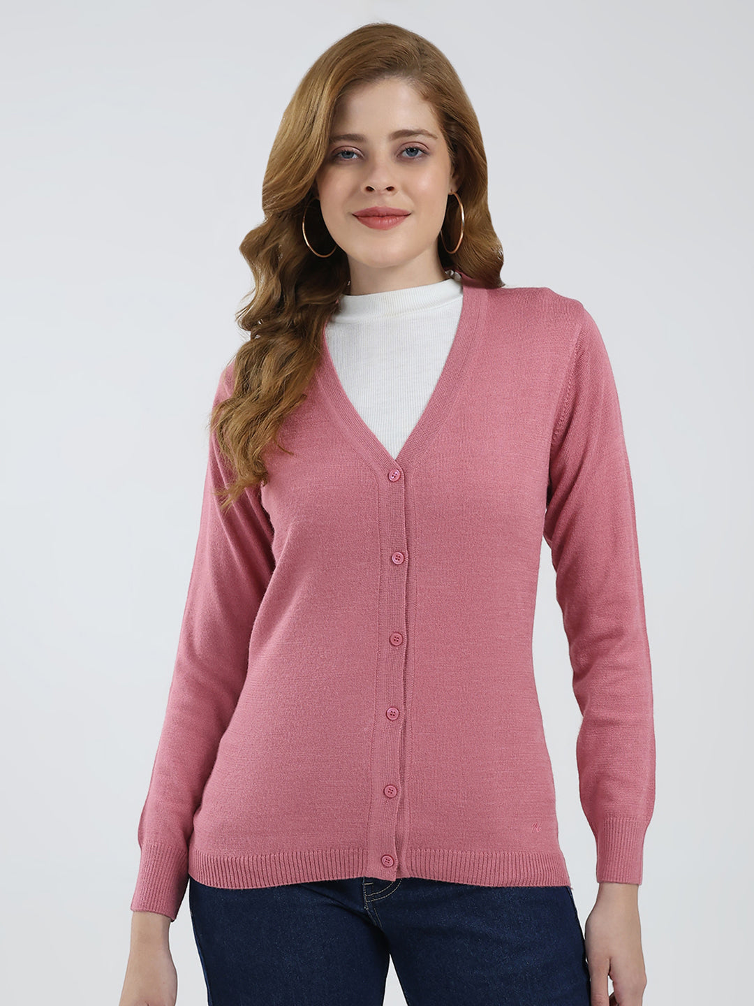 Women Pink Solid V Neck Full Sleeve Cardigan