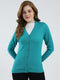 Women Teal Blue Solid V Neck Full Sleeve Cardigan