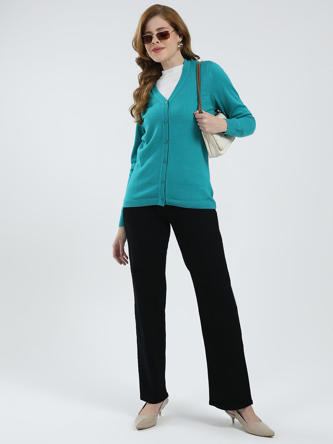 Women Teal Blue Solid V Neck Full Sleeve Cardigan