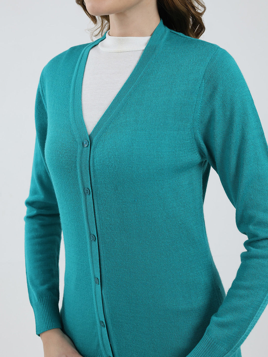 Women Teal Blue Solid V Neck Full Sleeve Cardigan