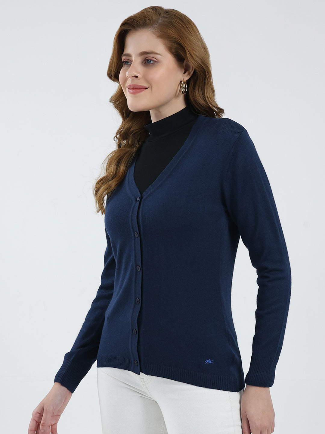 Women Navy Blue Solid V Neck Full Sleeve Cardigan
