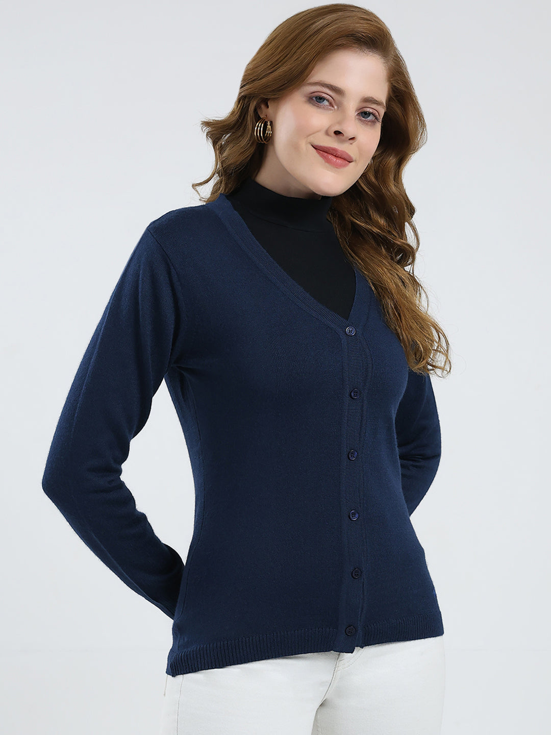 Women Navy Blue Solid V Neck Full Sleeve Cardigan