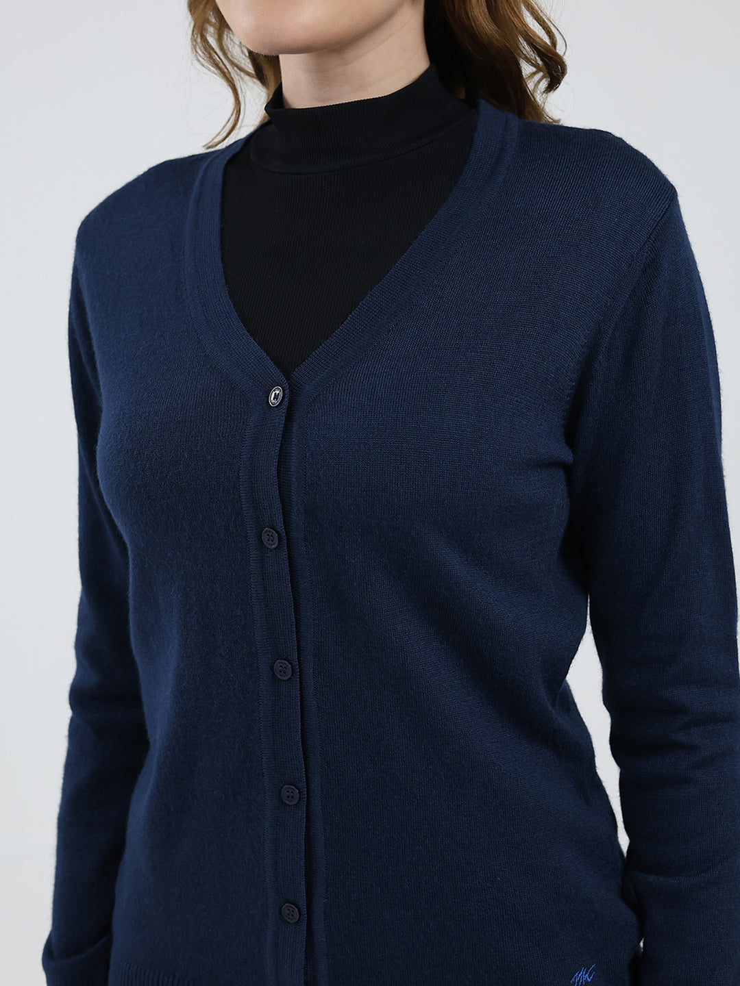 Women Navy Blue Solid V Neck Full Sleeve Cardigan