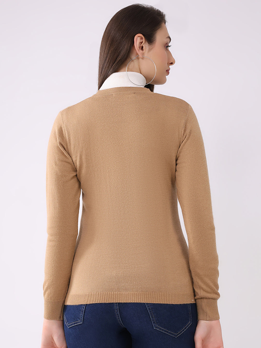 Women Khaki Solid V Neck Full Sleeve Cardigan