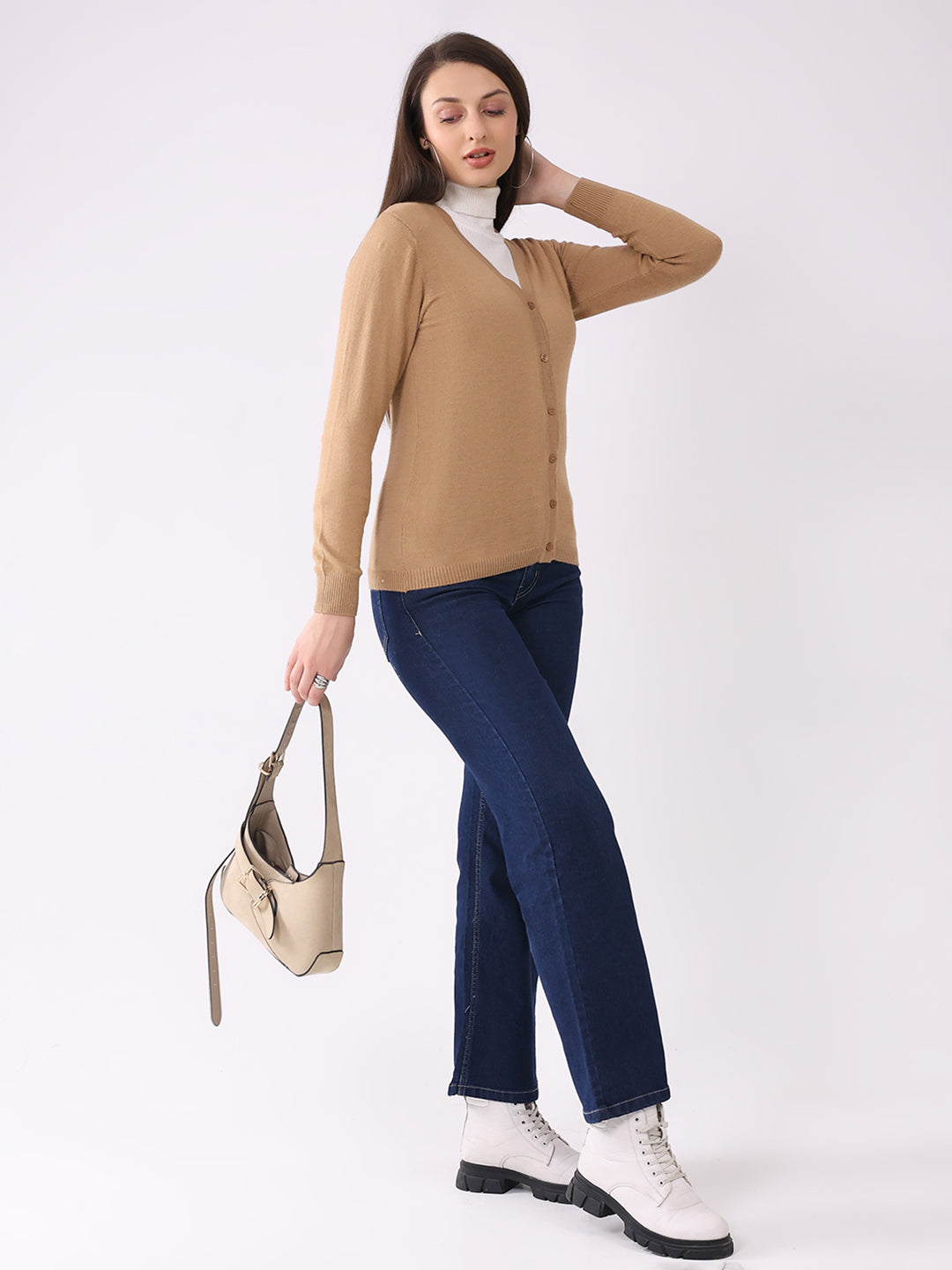 Women Khaki Solid V Neck Full Sleeve Cardigan