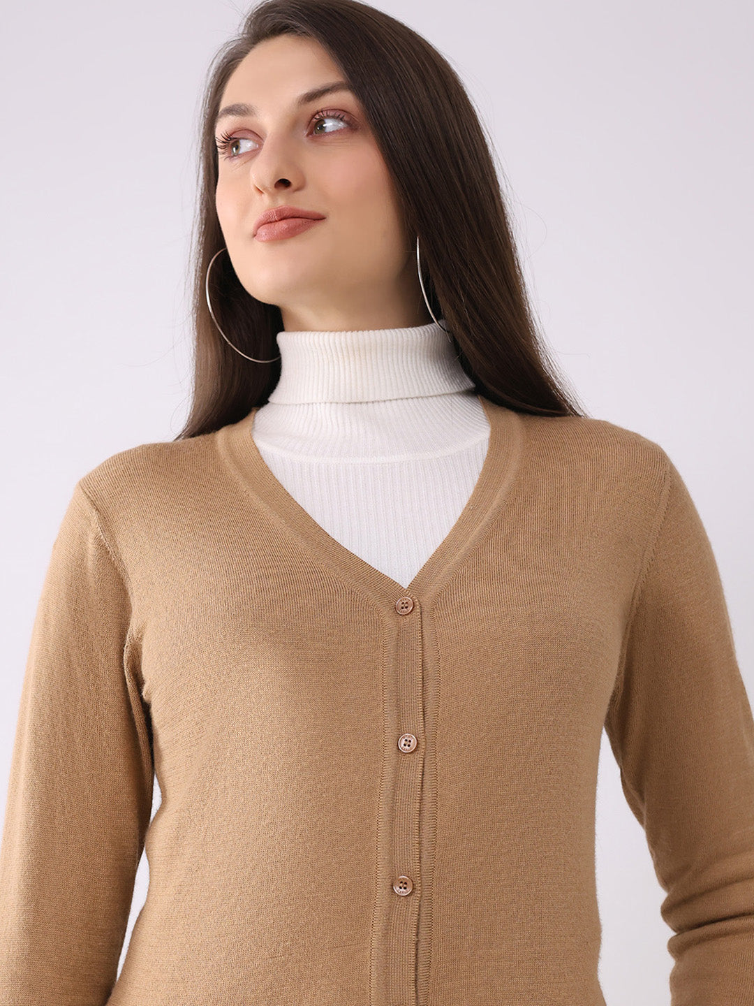 Women Khaki Solid V Neck Full Sleeve Cardigan