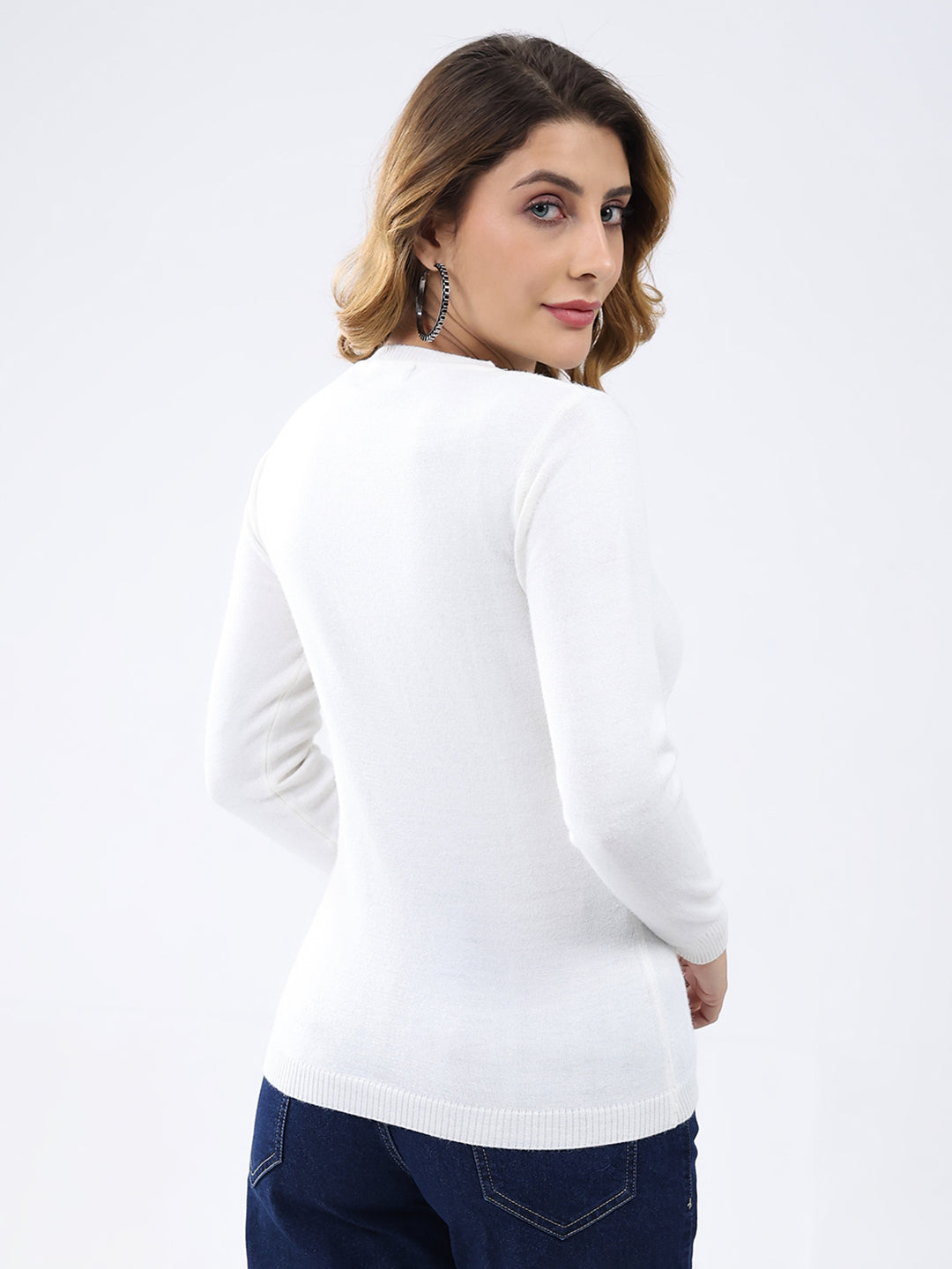 Women White Solid Round Neck Full Sleeve Cardigan