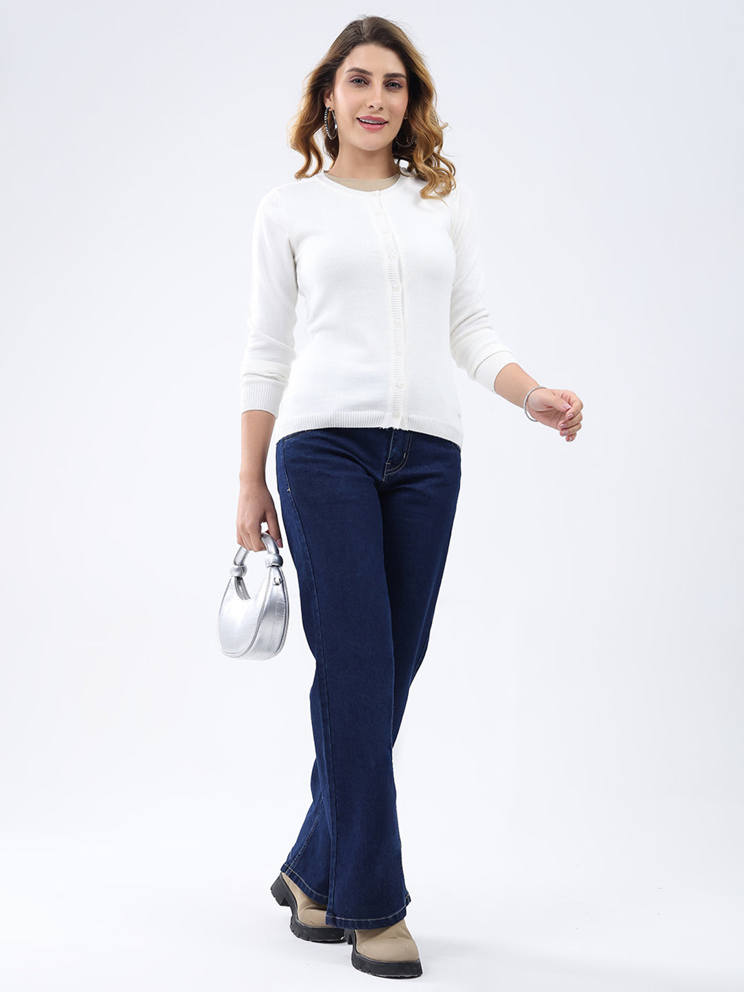 Women White Solid Round Neck Full Sleeve Cardigan