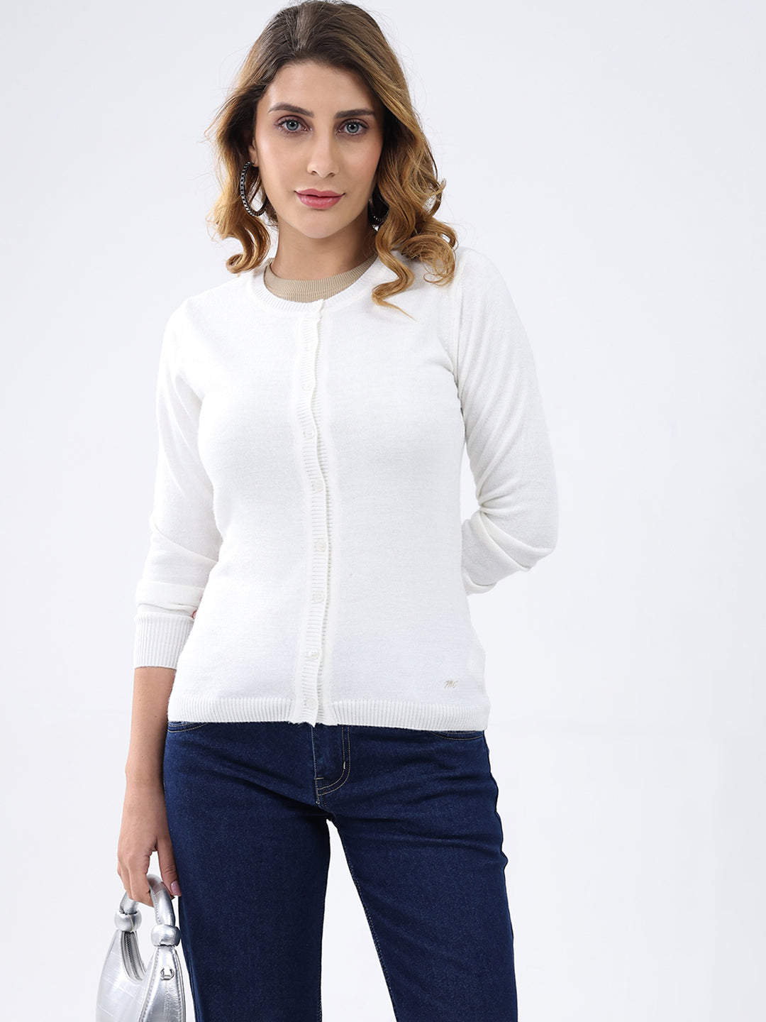 Women White Solid Round Neck Full Sleeve Cardigan