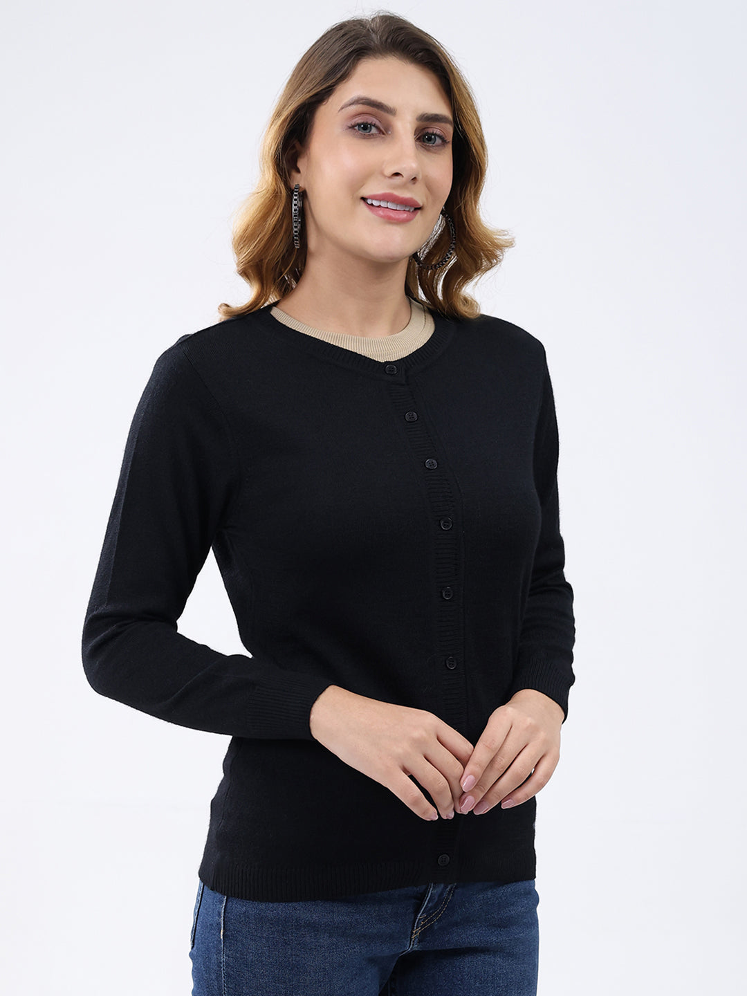 Women Black Solid Round Neck Full Sleeve Cardigan