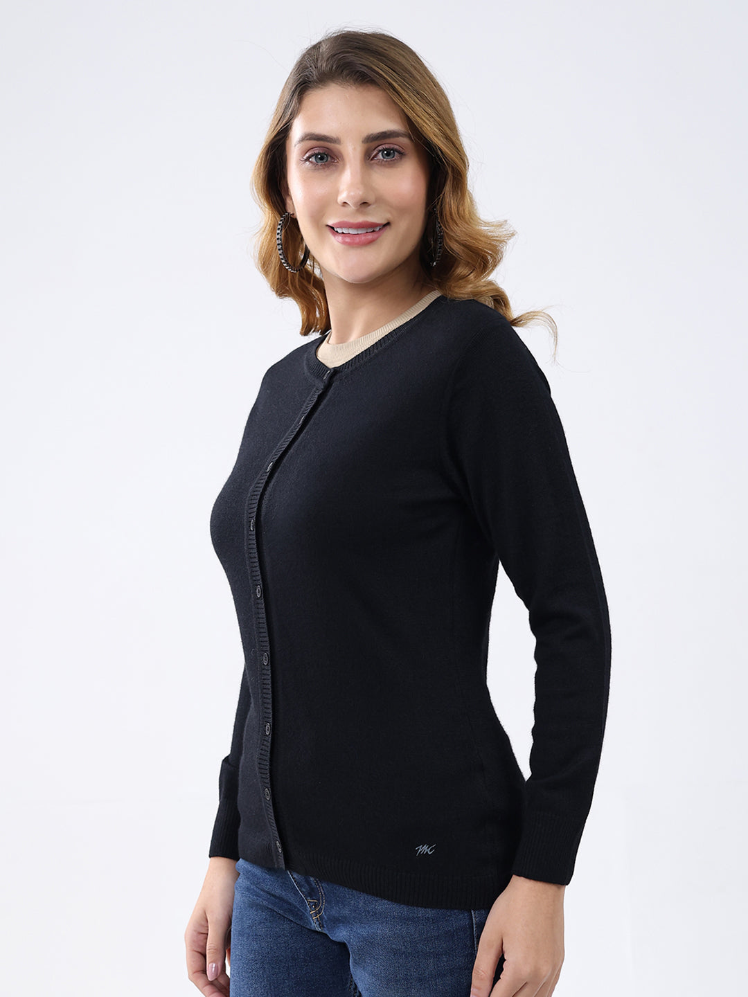 Women Black Solid Round Neck Full Sleeve Cardigan