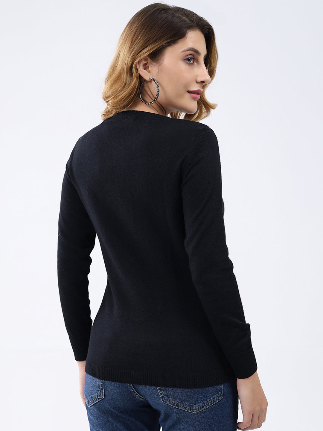 Women Black Solid Round Neck Full Sleeve Cardigan