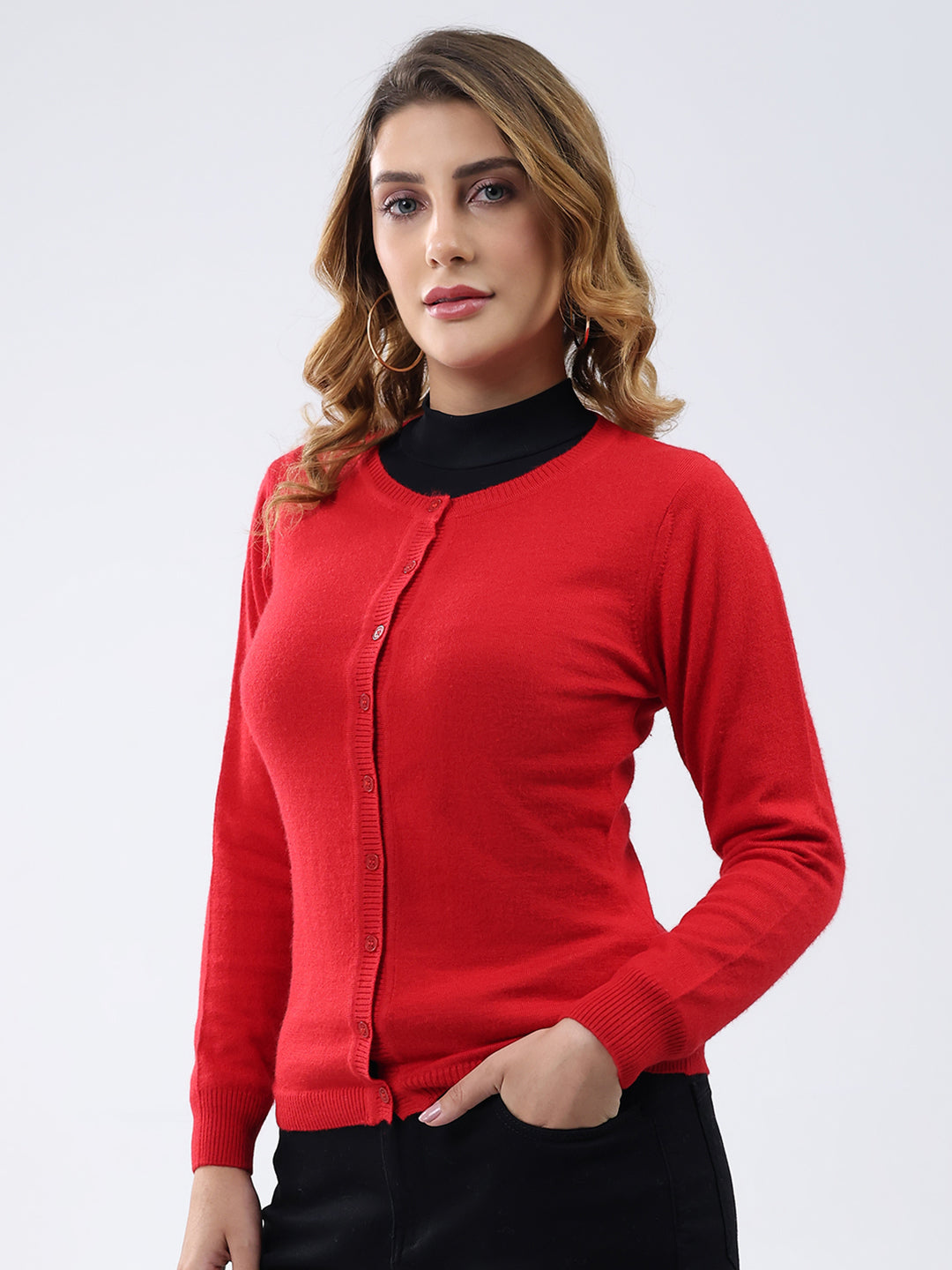 Women Red Solid Round Neck Full Sleeve Cardigan
