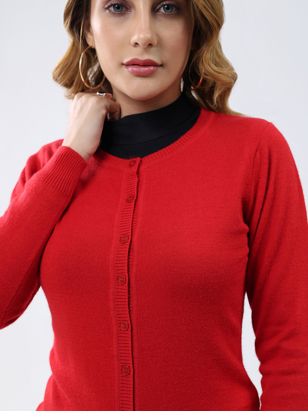 Women Red Solid Round Neck Full Sleeve Cardigan