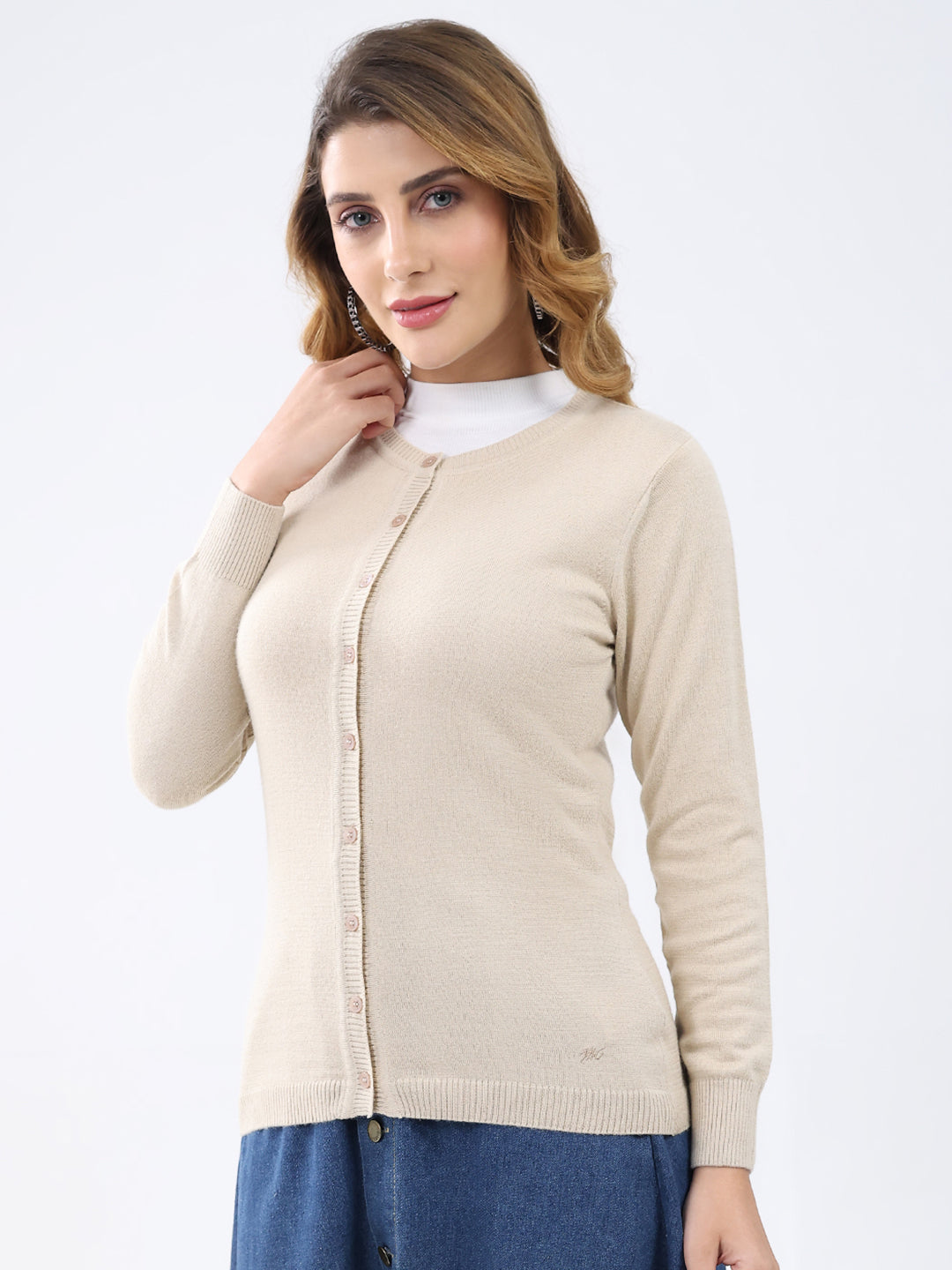 Women Beige Solid Round Neck Full Sleeve Cardigan