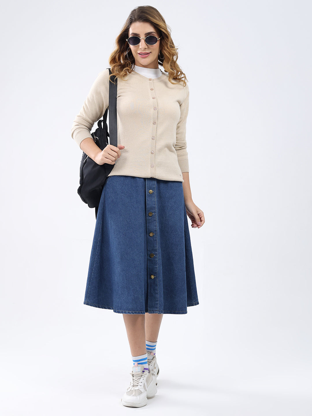 Women Beige Solid Round Neck Full Sleeve Cardigan