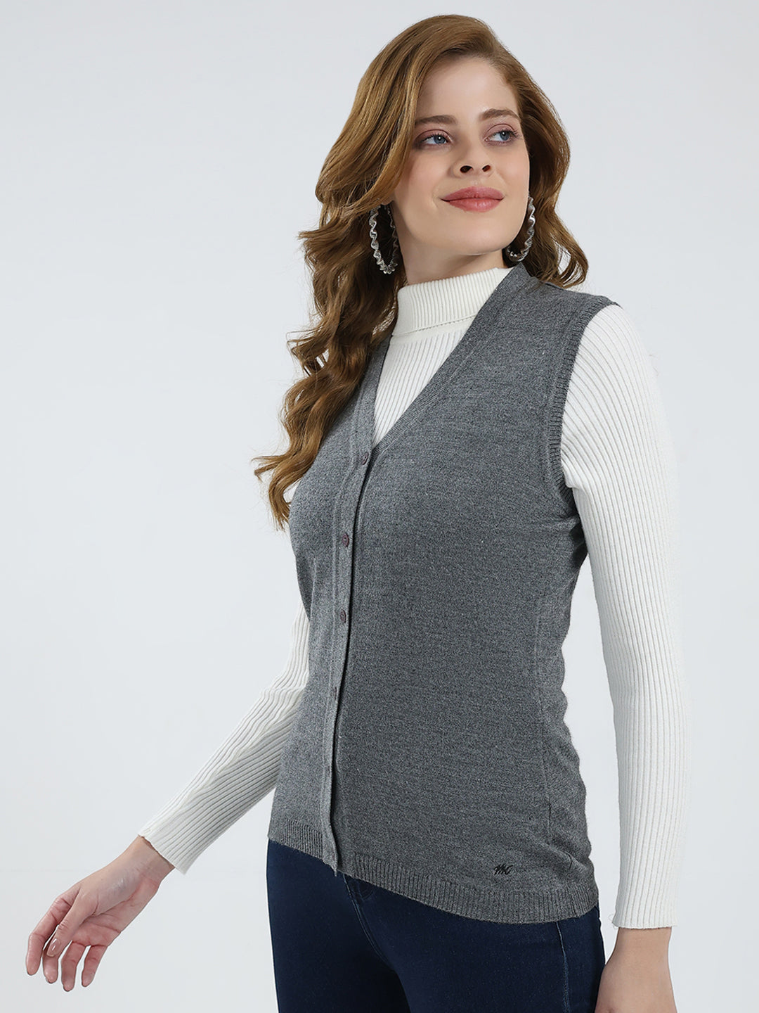Women Grey Solid V Neck Sleeveless Cardigan
