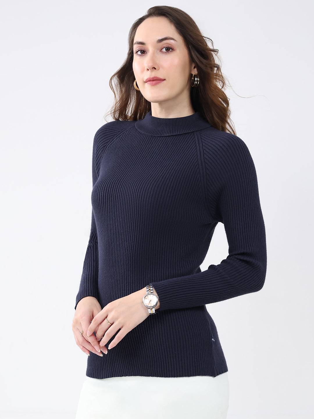 Women Navy Blue Solid High Neck Full Sleeve Sceavy
