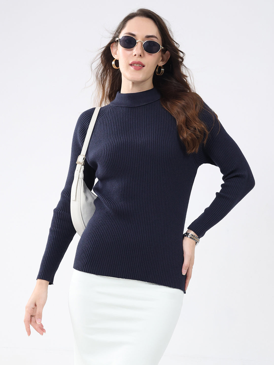 Women Navy Blue Solid High Neck Full Sleeve Sceavy