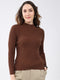 Women Brown Solid High Neck Full Sleeve Sceavy