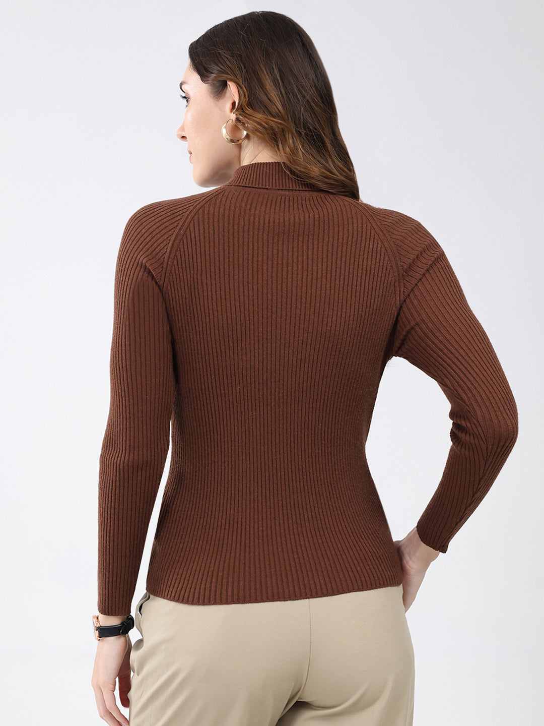 Women Brown Solid High Neck Full Sleeve Sceavy