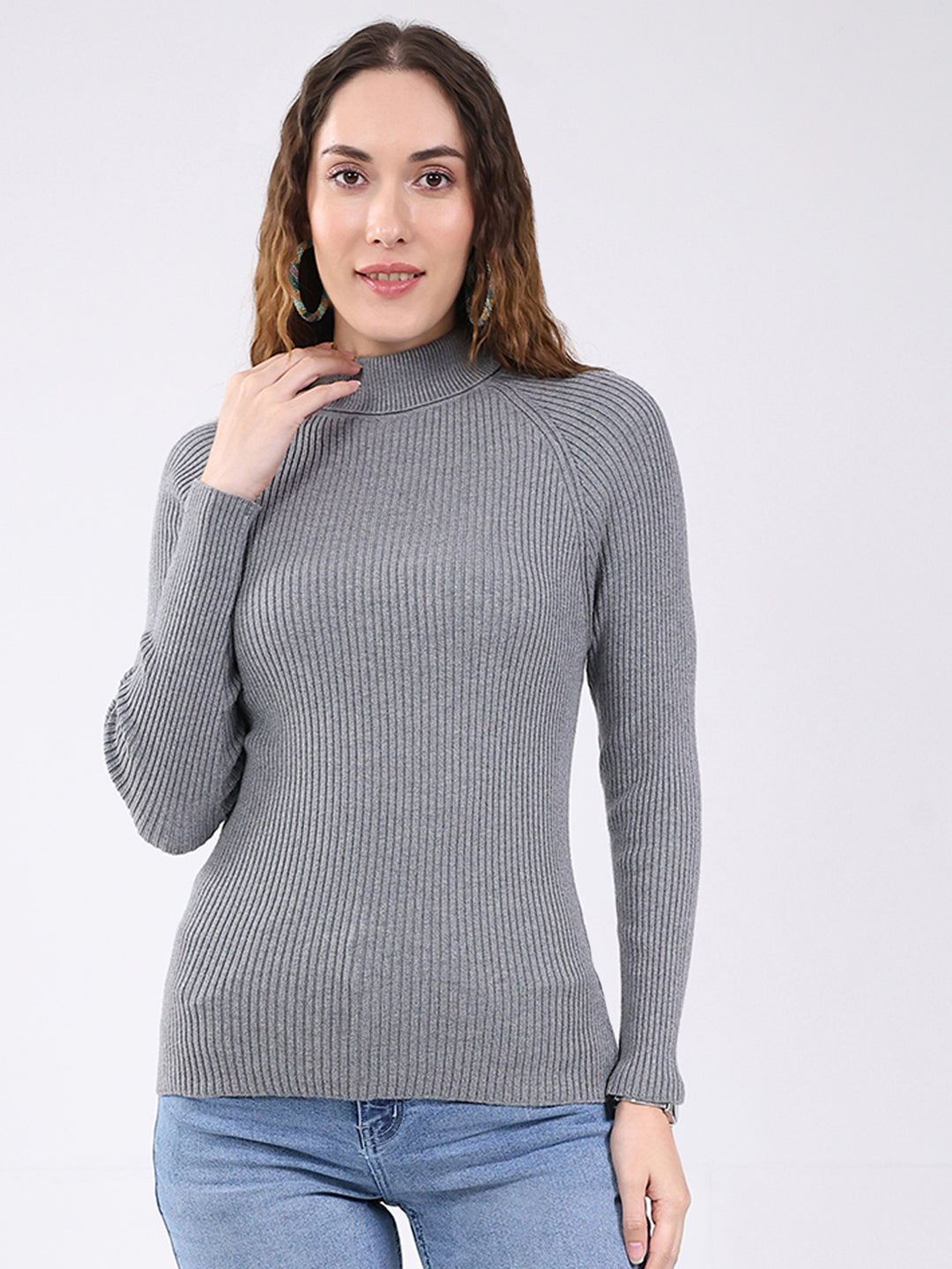 Buy Women Grey Solid Mock Neck Full Sleeve Sceavy Online in India ...