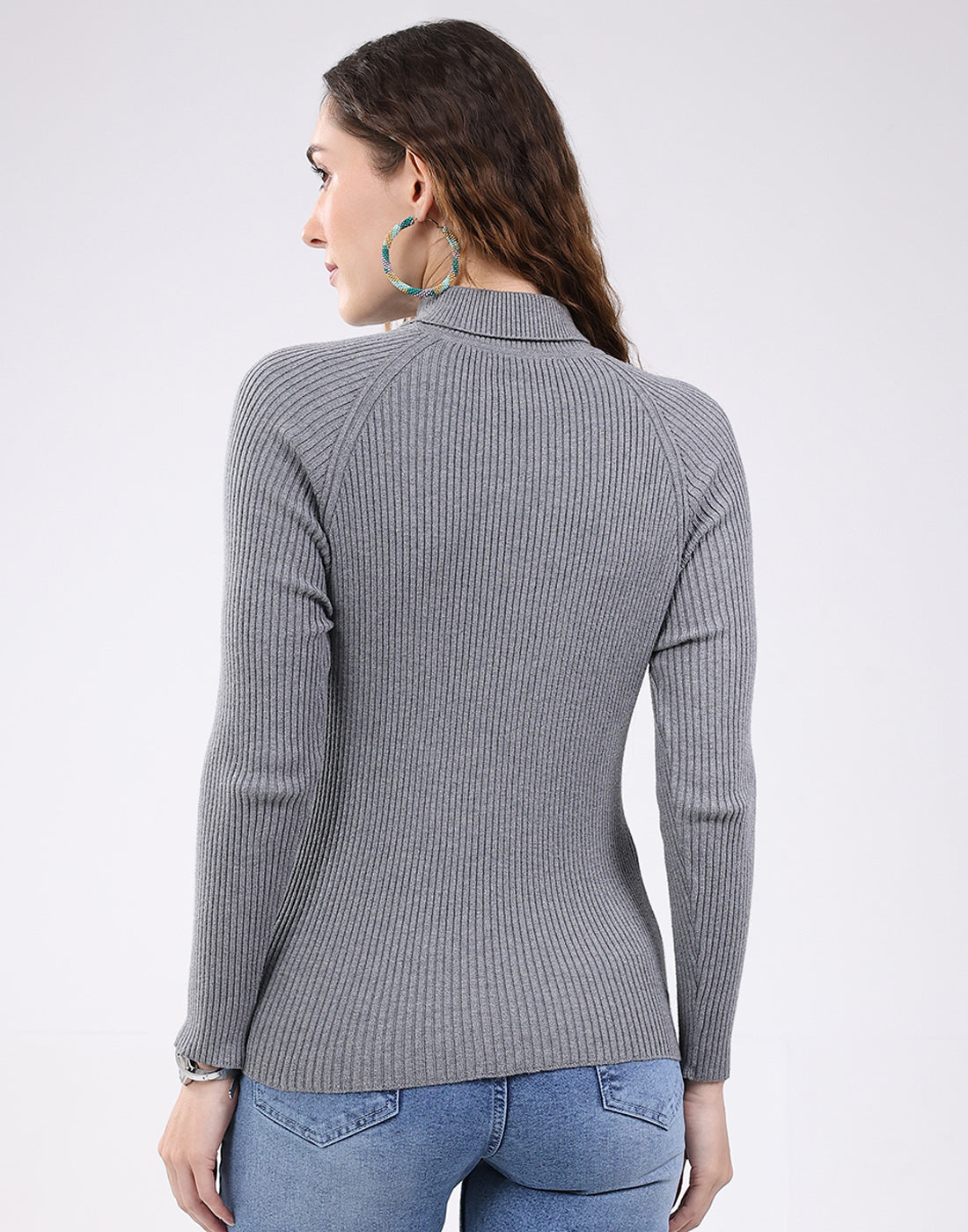 Women Grey Solid High Neck Full Sleeve Sceavy