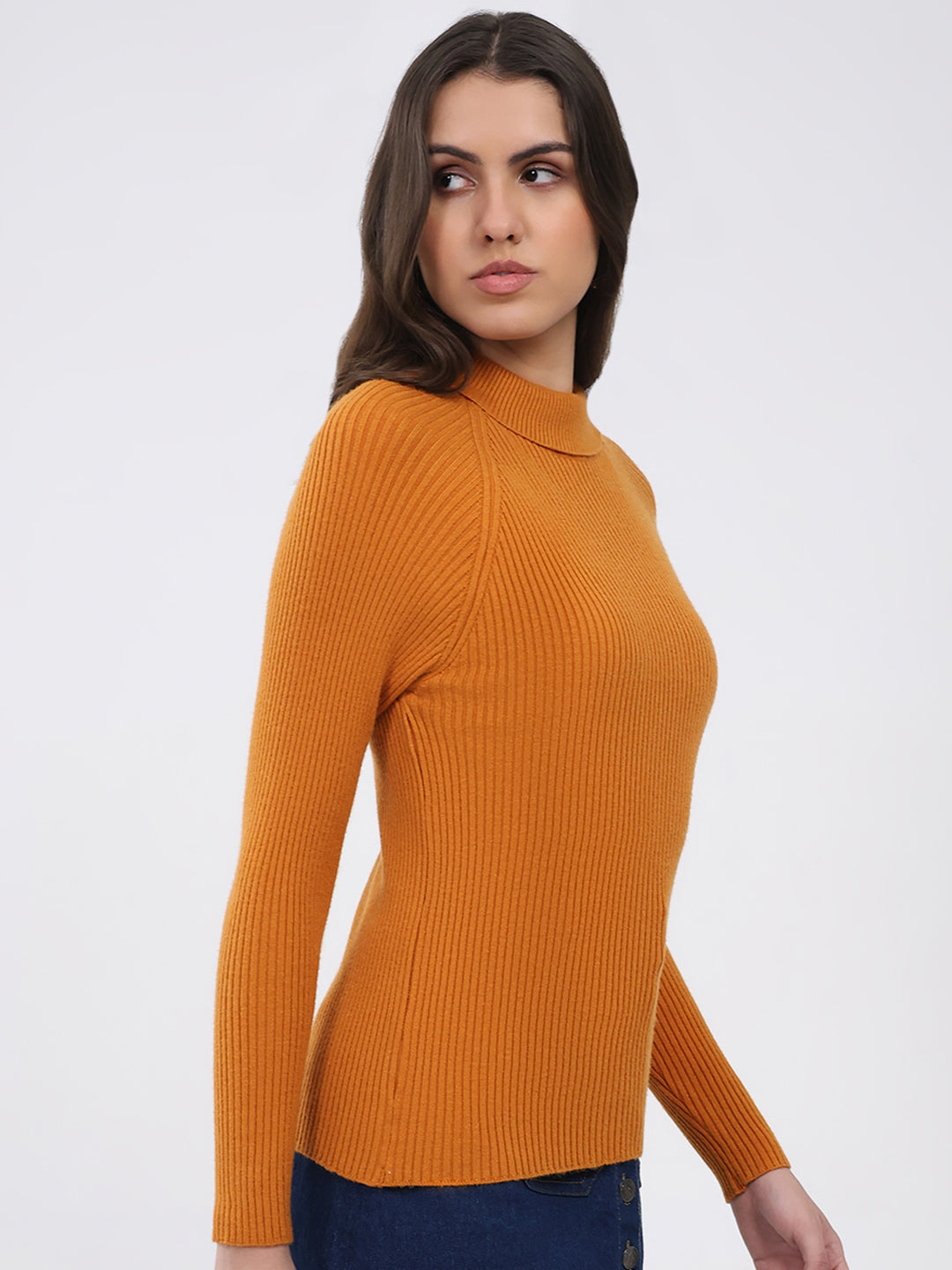 Women Yellow Solid T Neck Full Sleeve Sceavy