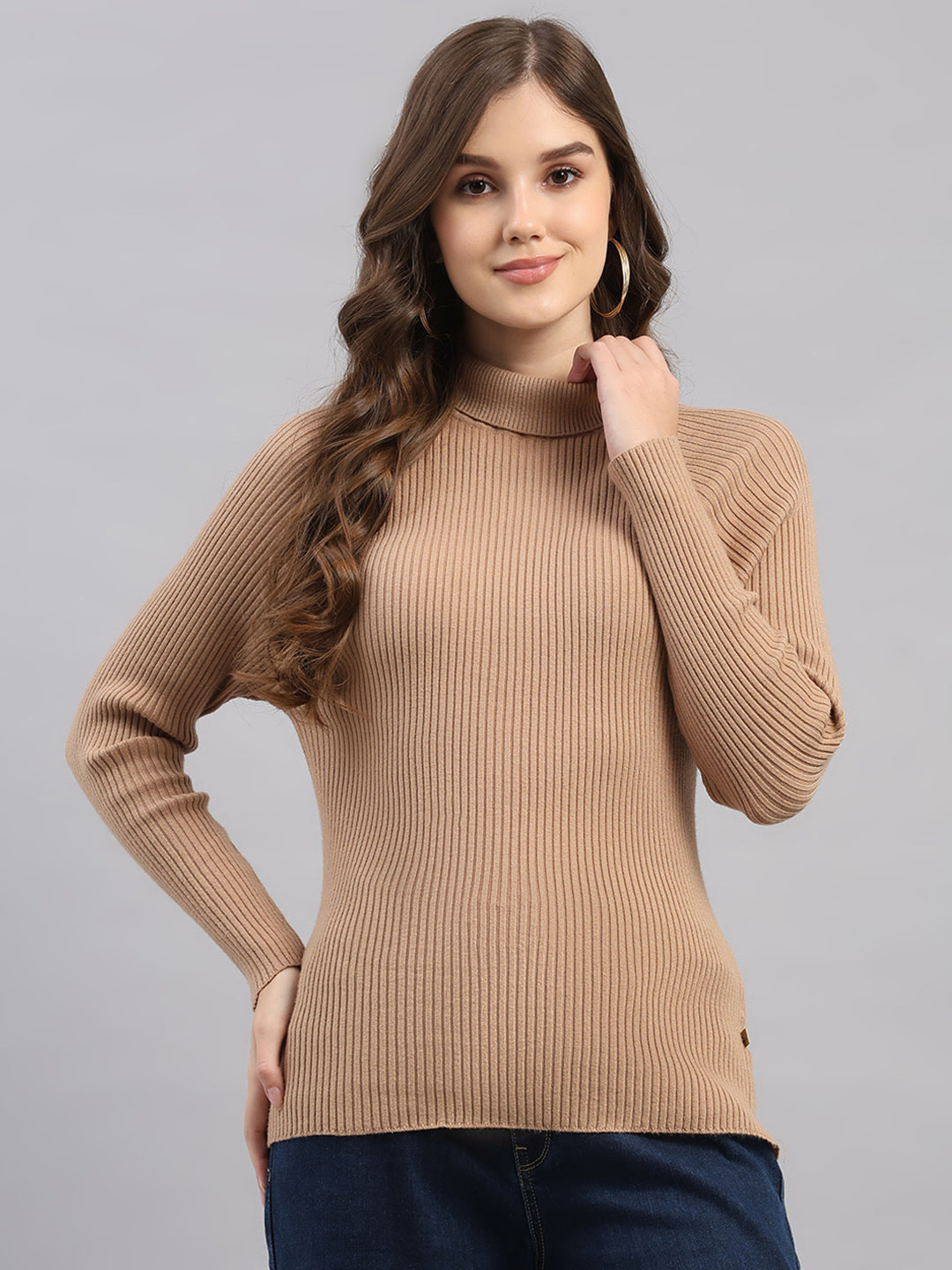 Women Camel Brown Solid Round Neck Full Sleeve Sceavy