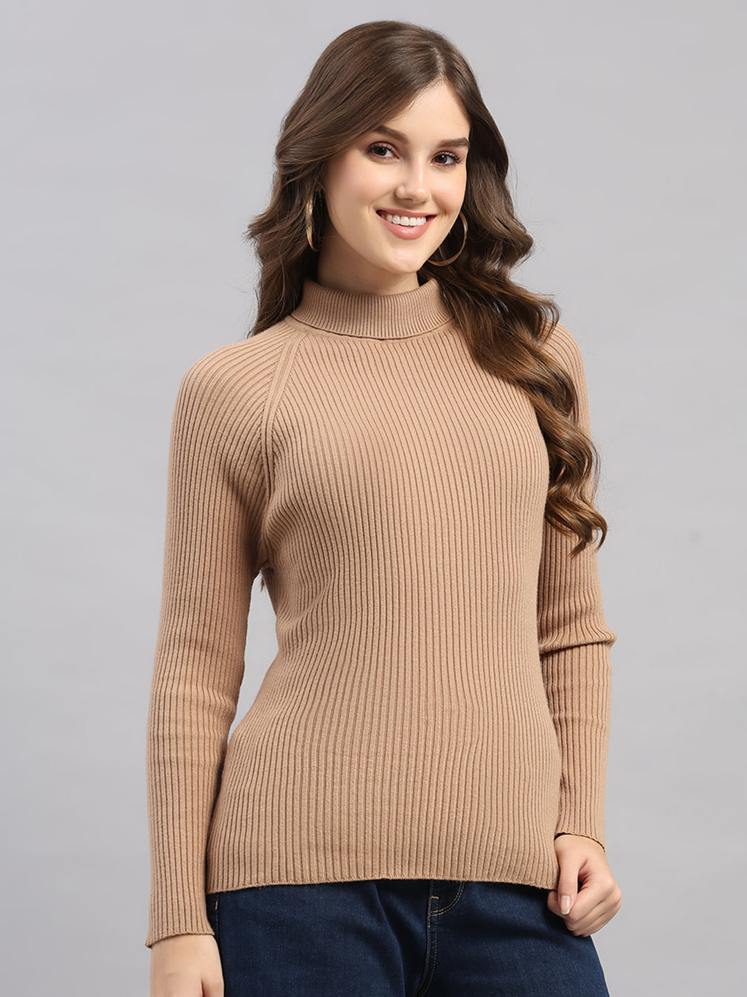 Women Camel Brown Solid Round Neck Full Sleeve Sceavy