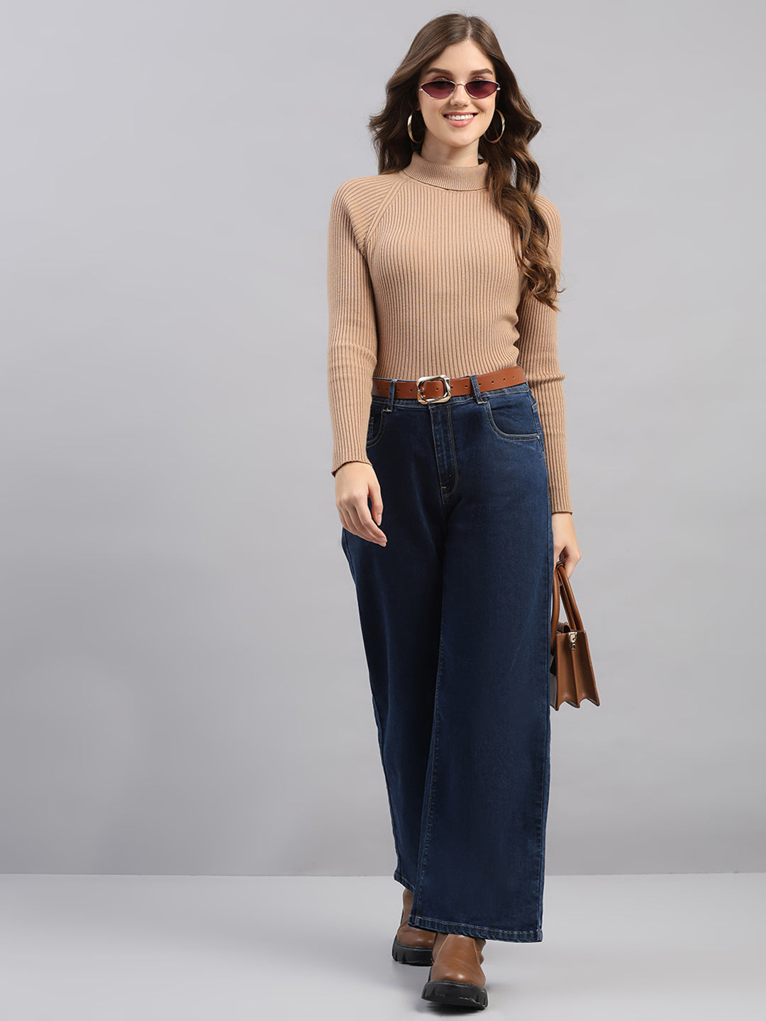 Women Camel Brown Solid Round Neck Full Sleeve Sceavy