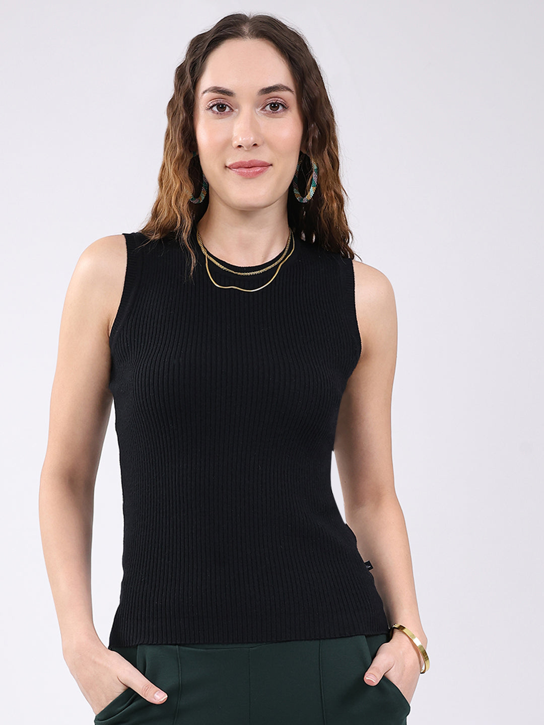 Women Black Solid Round Neck Sleeveless Sceavy