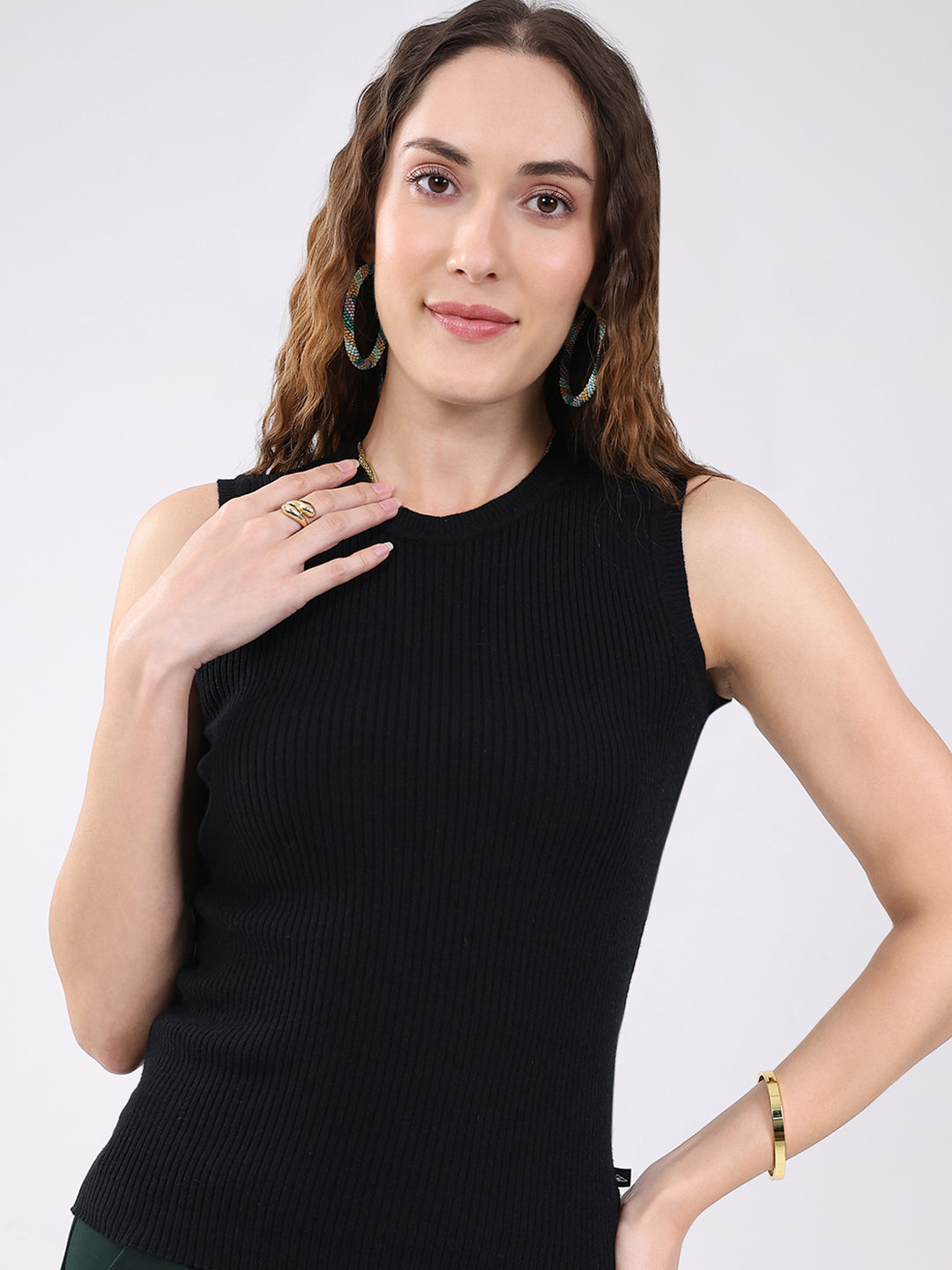 Women Black Solid Round Neck Sleeveless Sceavy