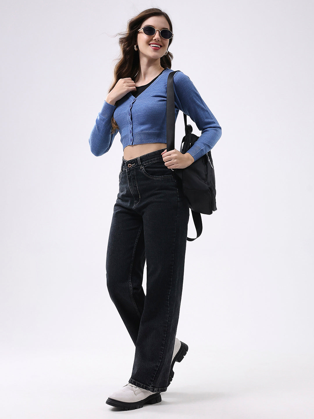 Women Blue Solid V Neck Full Sleeve Cardigan
