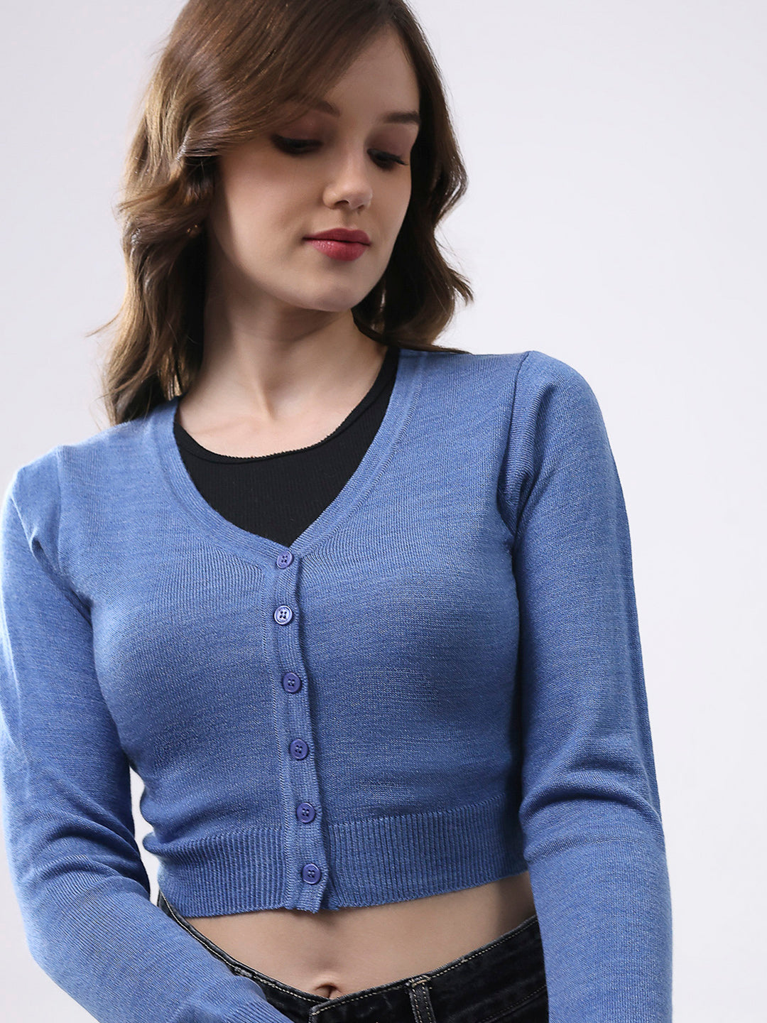 Women Blue Solid V Neck Full Sleeve Cardigan