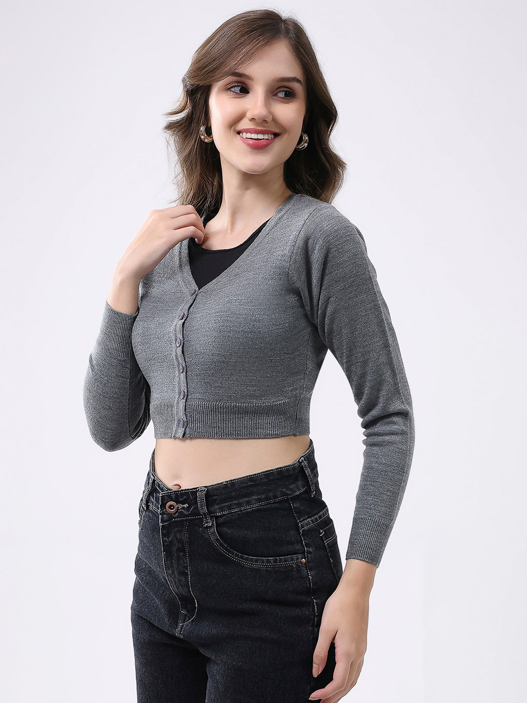 Women Grey Solid V Neck Full Sleeve Cardigan
