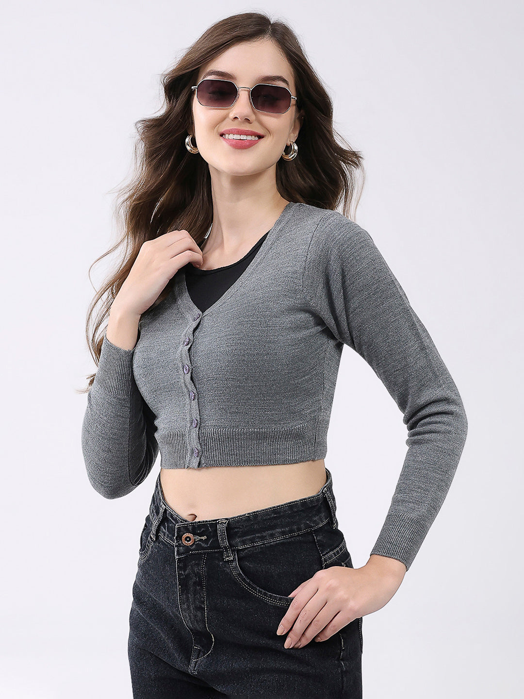 Women Grey Solid V Neck Full Sleeve Cardigan