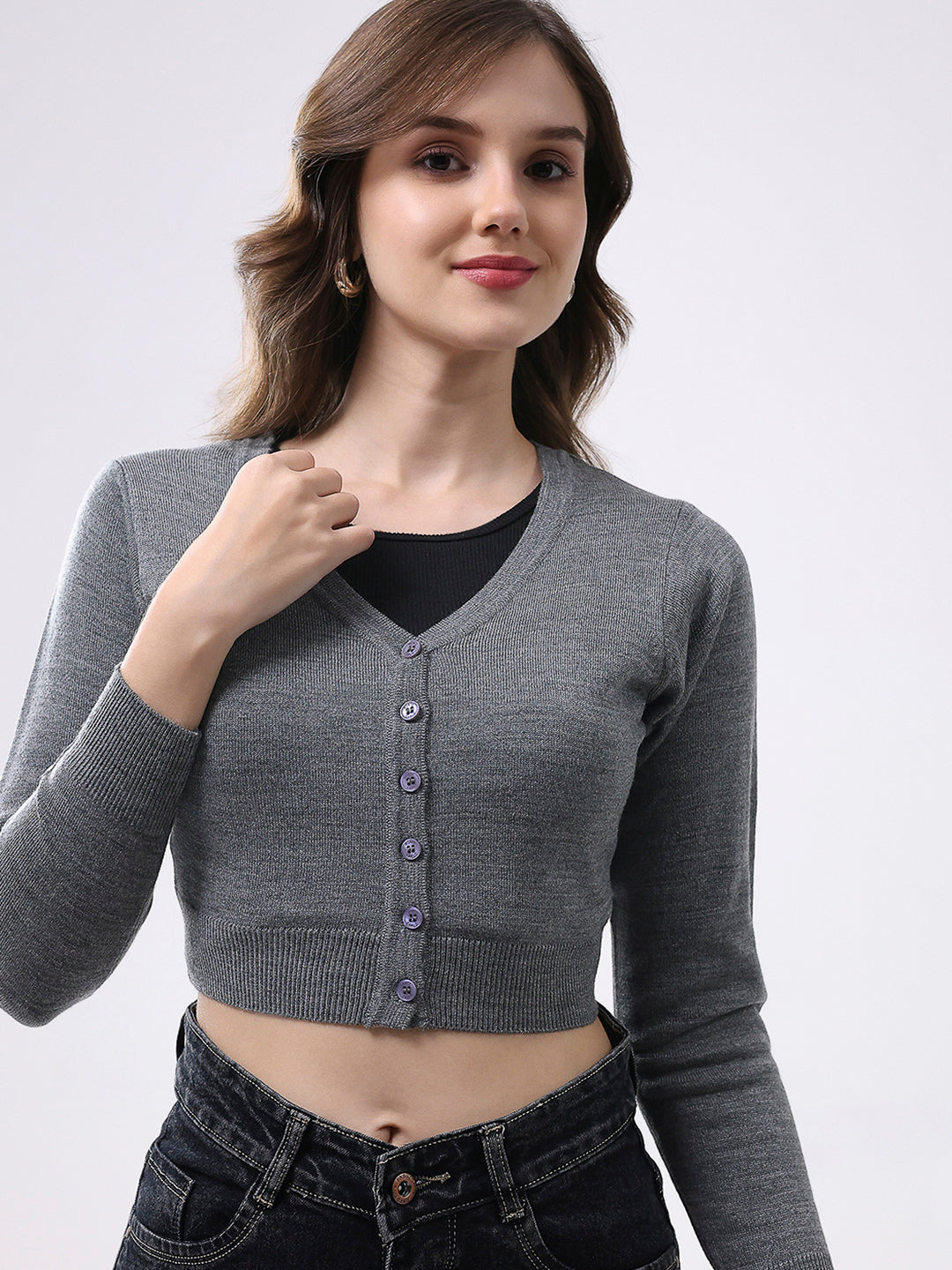 Women Grey Solid V Neck Full Sleeve Cardigan