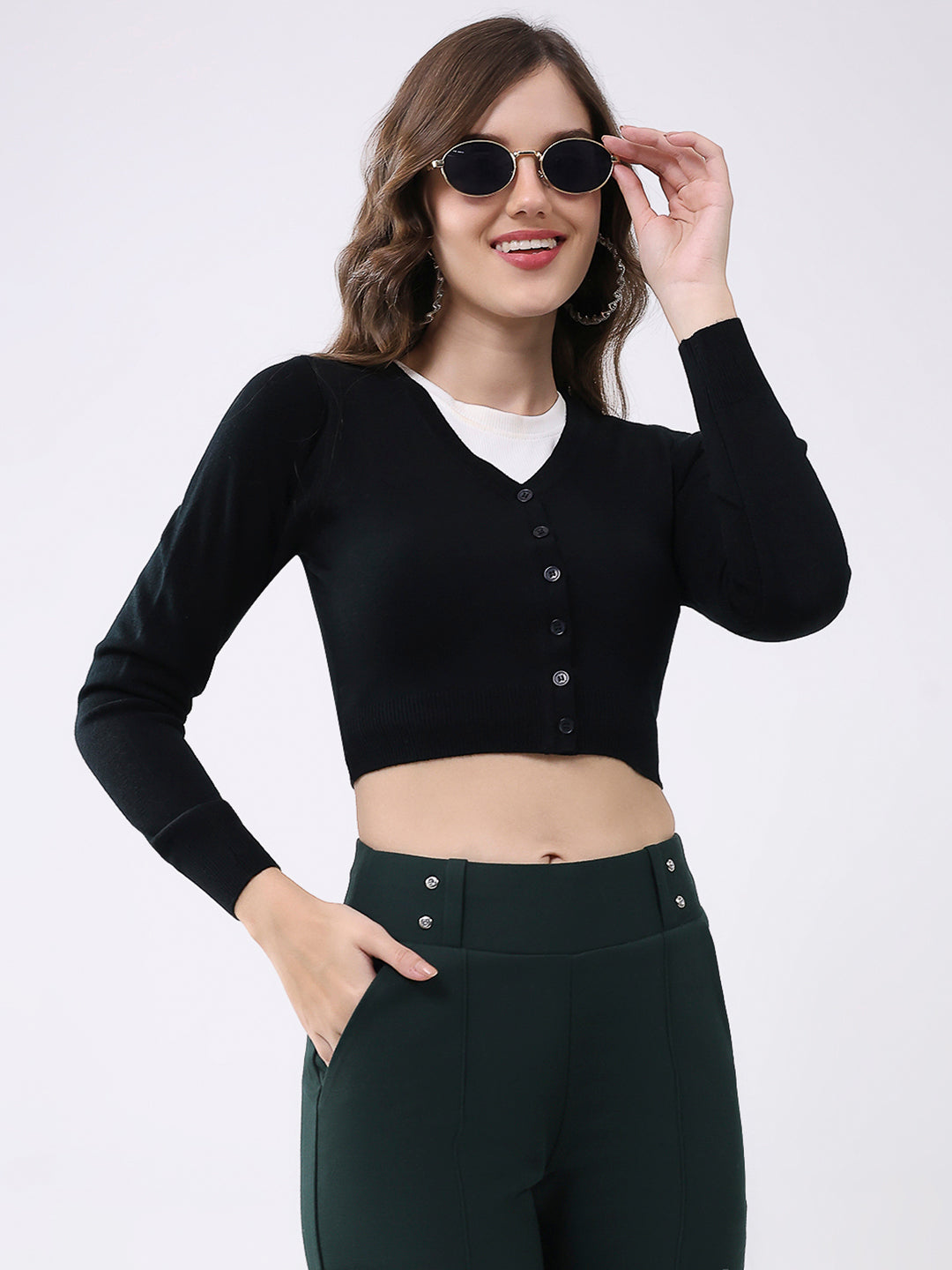 Women Black Solid V Neck Full Sleeve Cardigan