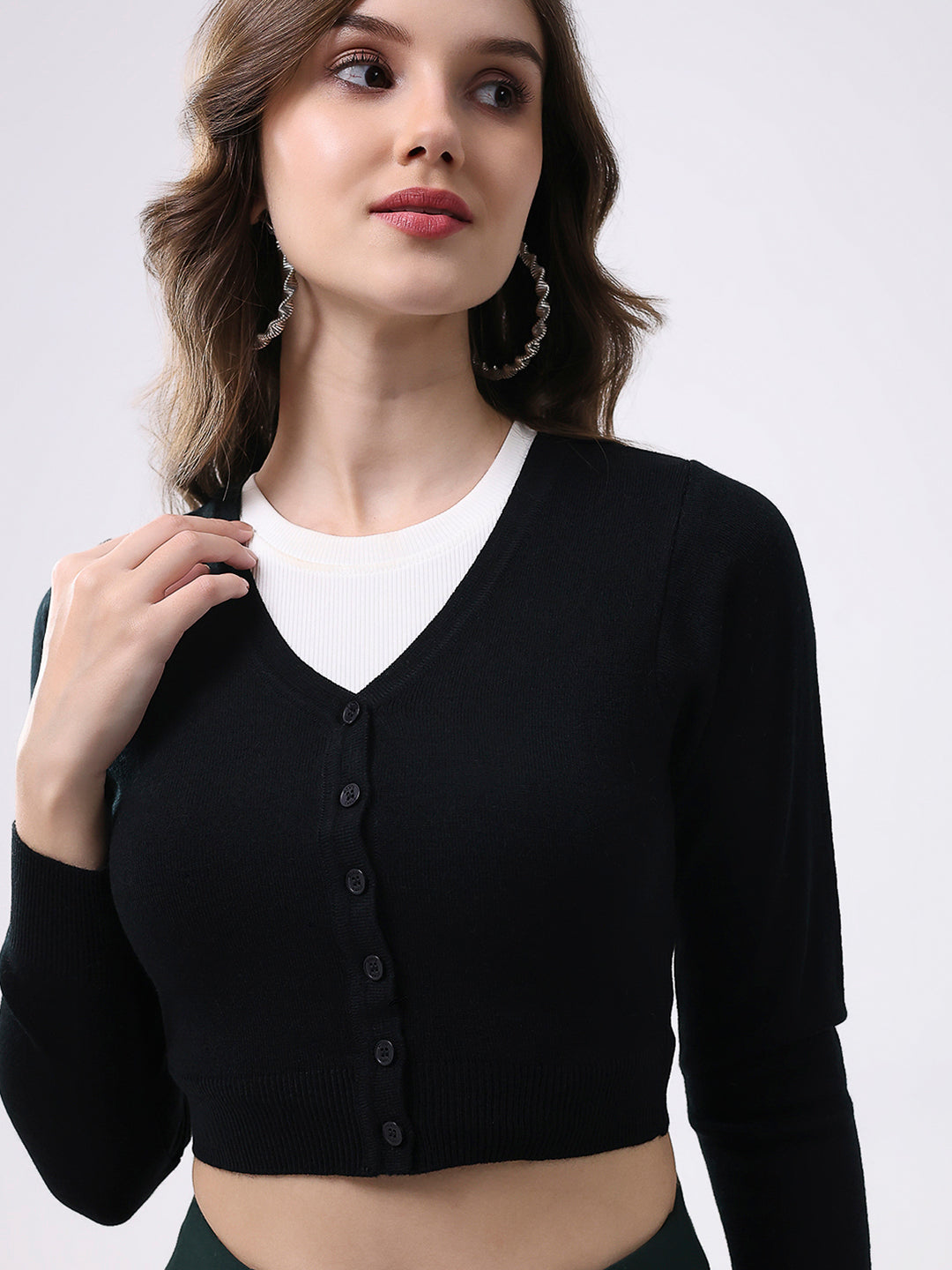 Women Black Solid V Neck Full Sleeve Cardigan