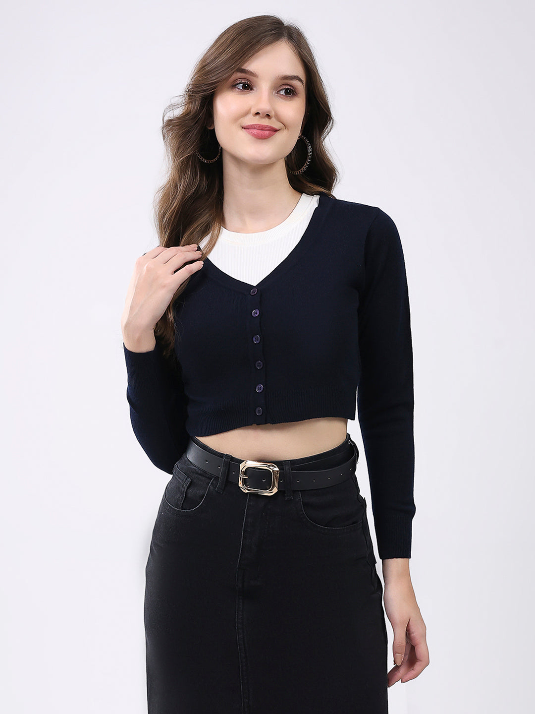 Women Navy Blue Solid V Neck Full Sleeve Cardigan
