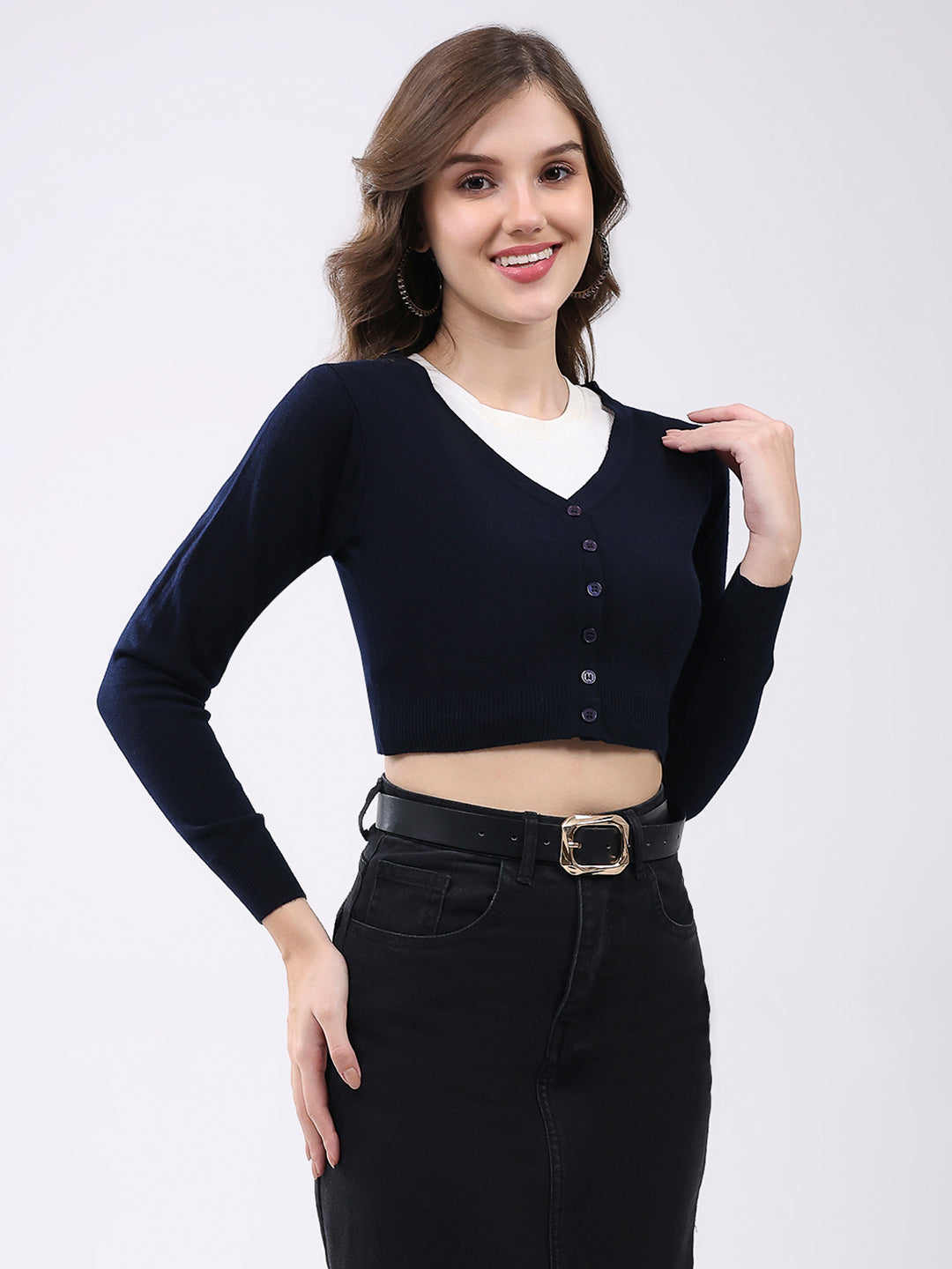 Women Navy Blue Solid V Neck Full Sleeve Cardigan