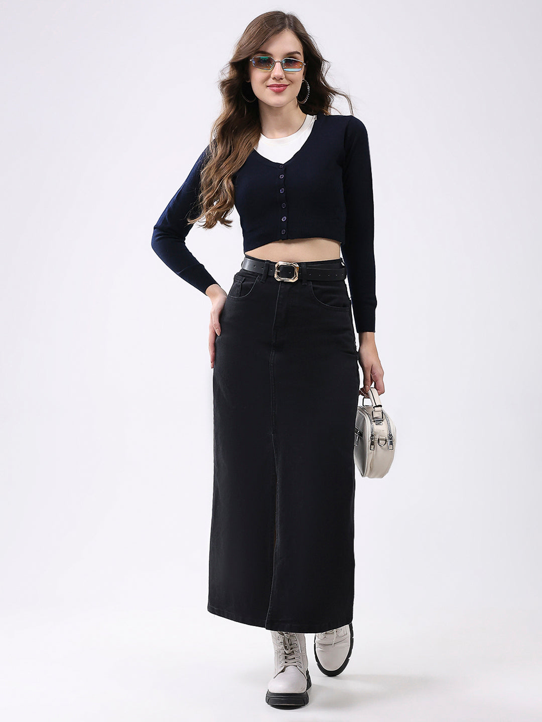 Women Navy Blue Solid V Neck Full Sleeve Cardigan