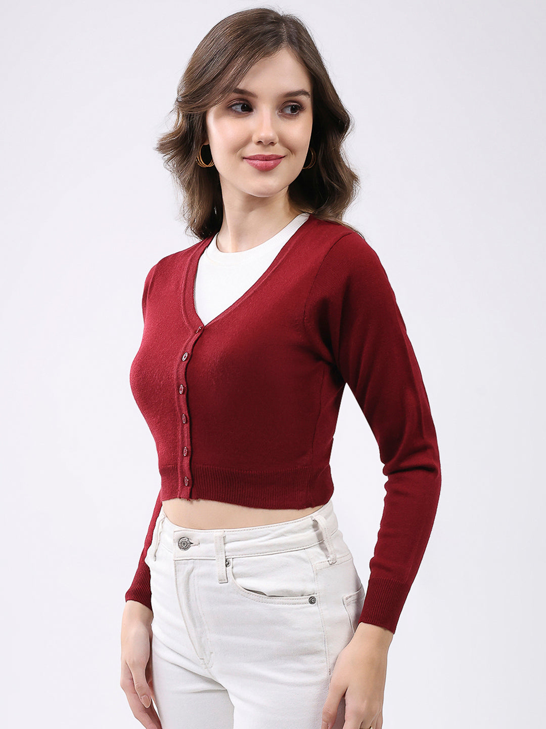 Women Maroon Solid V Neck Full Sleeve Cardigan